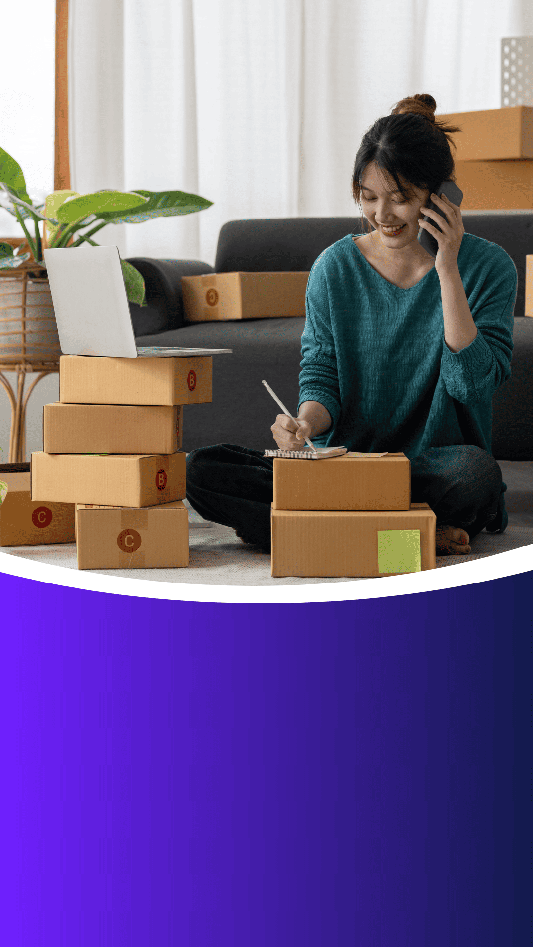 box,person,sitting,adult,female,woman,cardboard,carton,plant,face