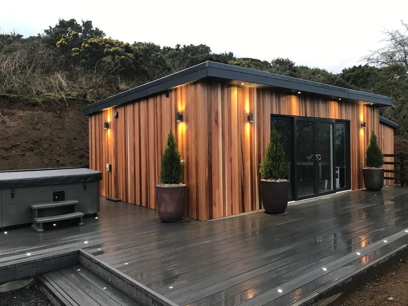 cabin,wood,plants,outdoors,lights