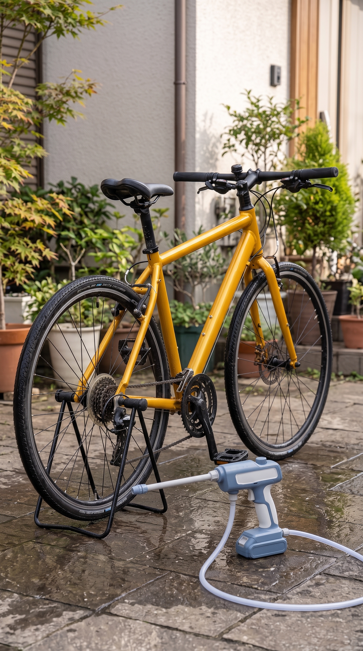 machine,wheel,bicycle,transportation,vehicle,plant,spoke,flagstone,path,walkway
